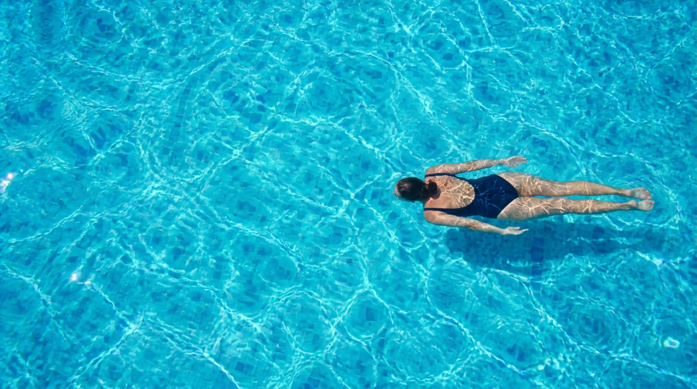 Piscina vista dall'alto con donna che nuota nell'acqua turchese