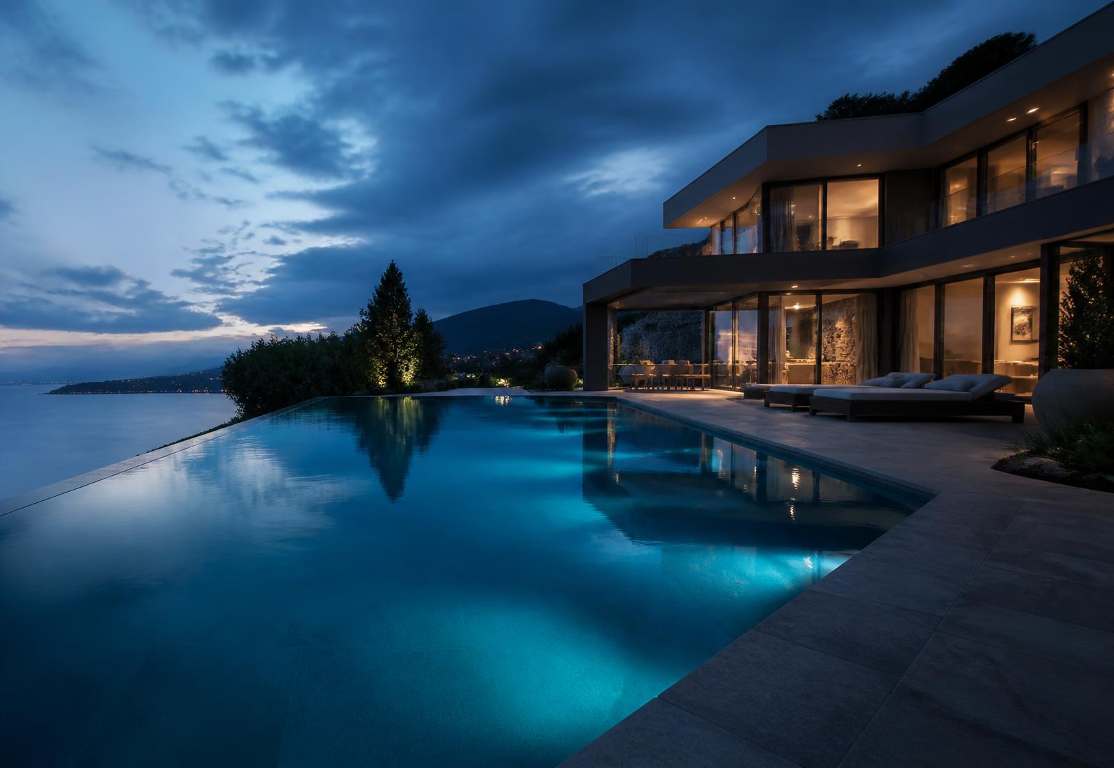 Piscina di lusso illuminata al tramonto accanto a una villa moderna