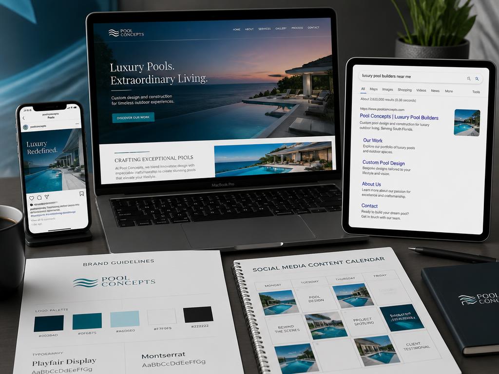 Sito web, social media, brand guidelines e posizionamento digitale per un'azienda di piscine